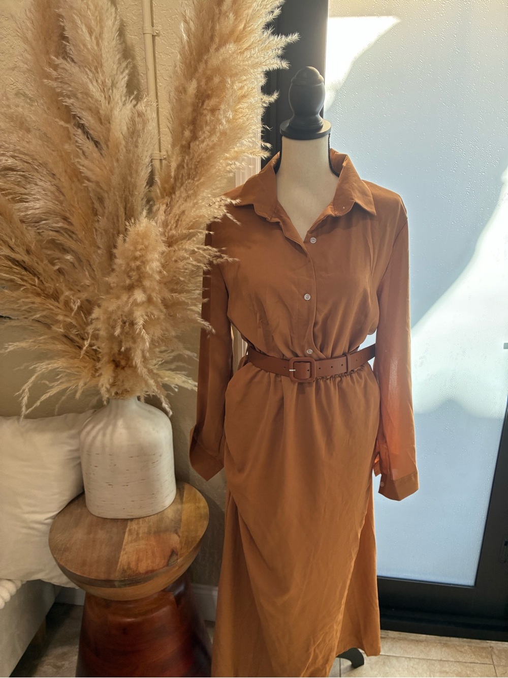 Rust/Tan Shirt Dress with Waist Belt